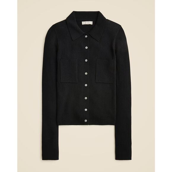 J.Crew Collared Button Up Collared Sweater SZ S Black Merino Wool Ribbed Stretch - Picture 1 of 6